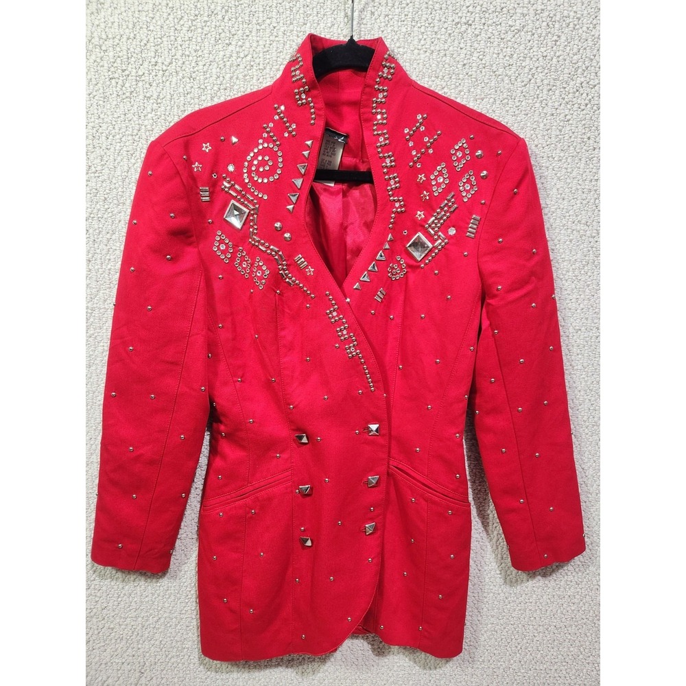 IIF‎ Studded Rhinestone Blazer Women P Red Excellent Vintage 80s Longline Jacket